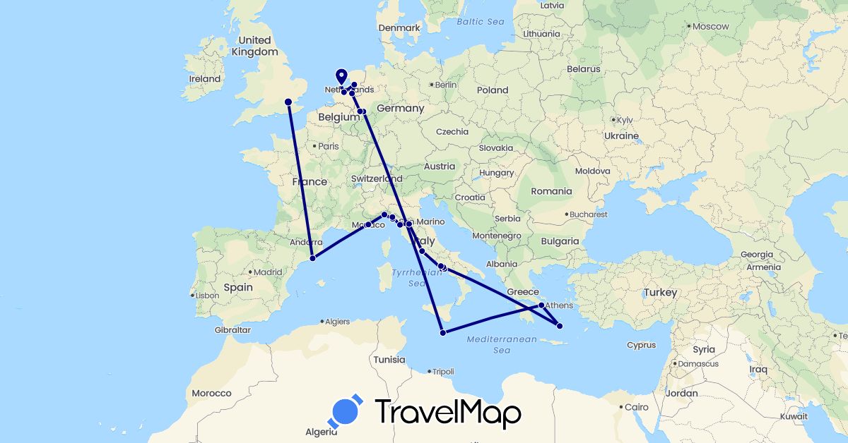 TravelMap itinerary: driving in Germany, Spain, France, United Kingdom, Greece, Italy, Monaco, Malta, Netherlands (Europe)